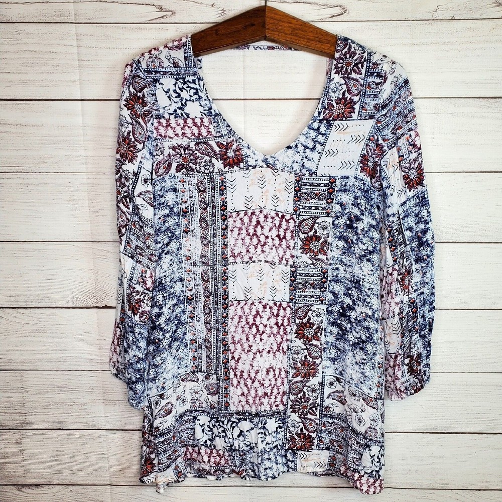Billabong Womens 3/4 Sleeve Paisley Print Boho Open Back Tunic Top Size XS